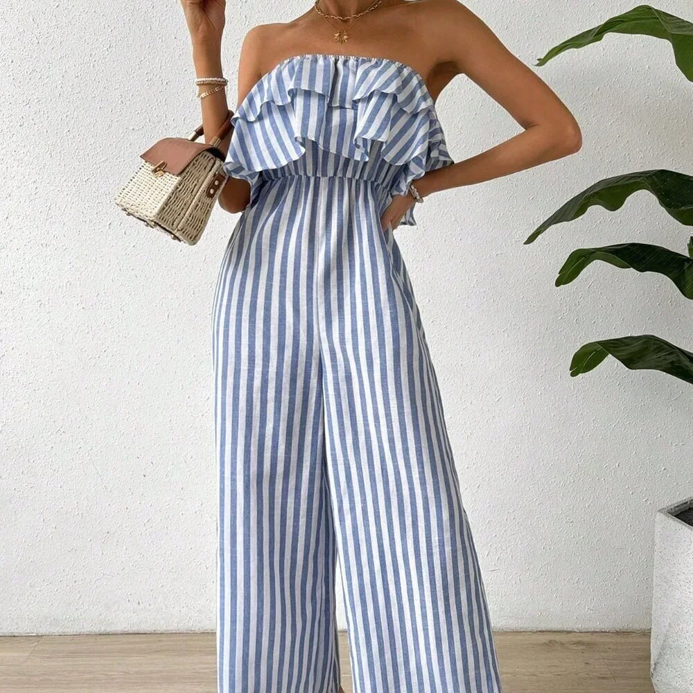 Blue and White Boho Women's Striped Strapless Wide Leg Jumpsuit With Ruffled - Picture 5 of 8